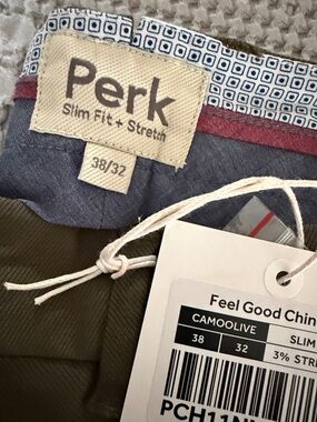 Perk Clothing Feel Good Chinos Men’s 38x32 Slim Fit Olive Green Stretch NWT